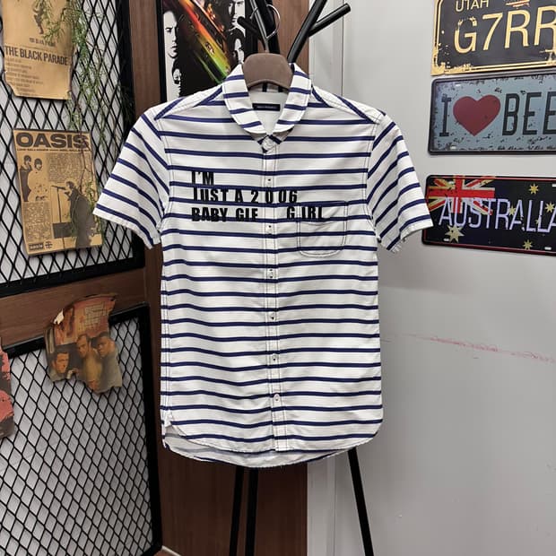 Navy Stripe Lettering Short Sleeve Shirt