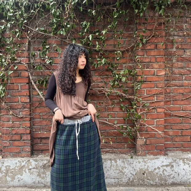 빈티지 그린 체크 패턴 롱스커트