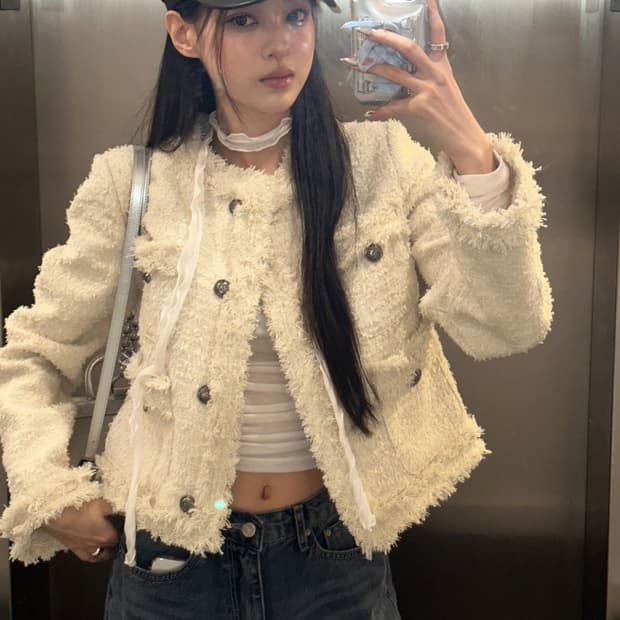 새상품 카키포인트 트위드 크롭자켓