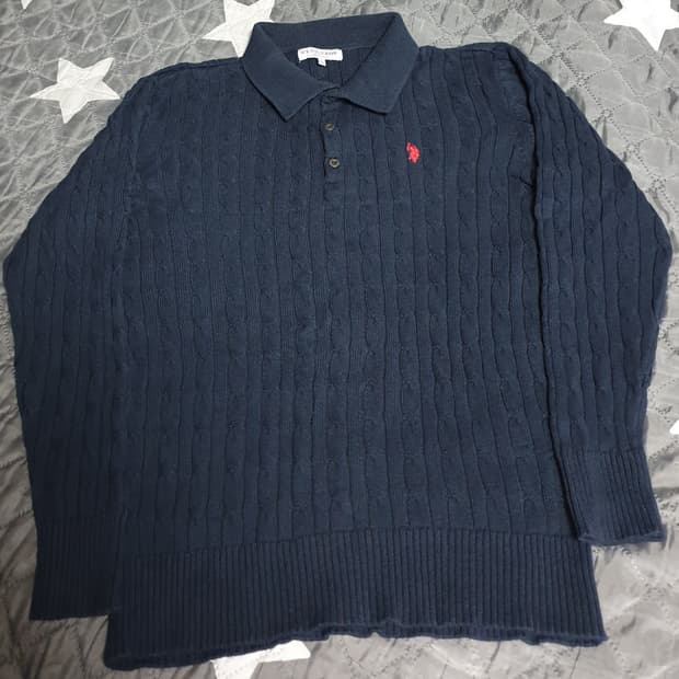 US PLOL ASSN 케이블 긴팔 카라 니트 스웨터 네이비 (M)