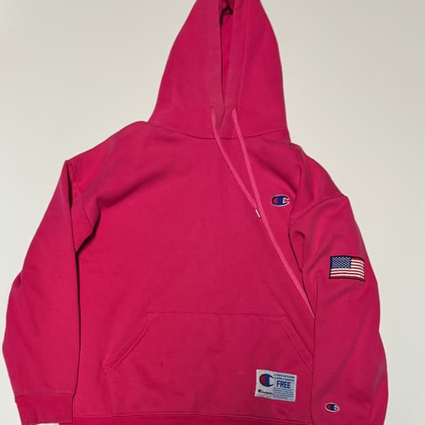 희귀!! 공용 챔피온 성조기 로고 기모 후드티 핑크 F