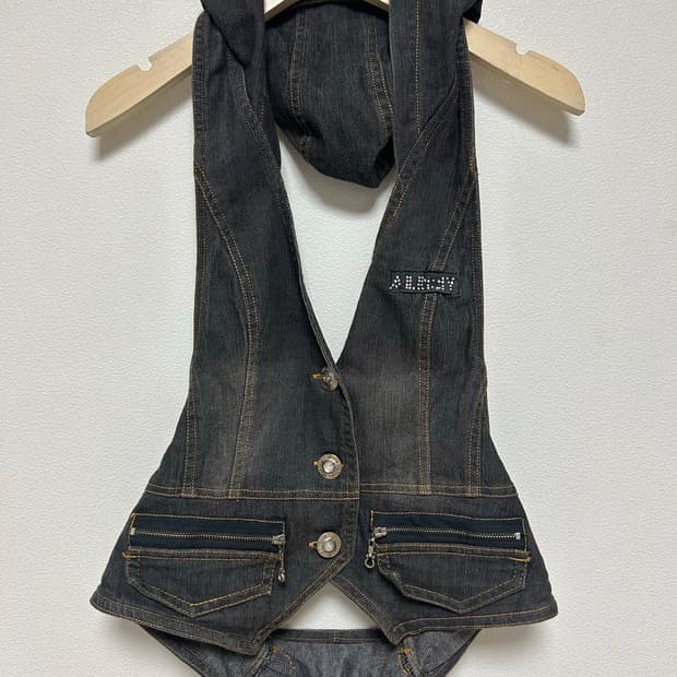 빈티지) 흑청 데님 후드조끼 베스트