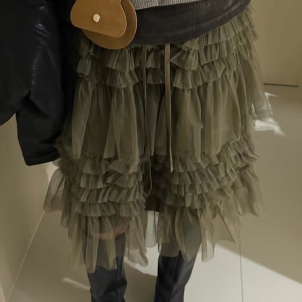 빈티지 프릴 레이스 카키 레이어드 미디 스커트