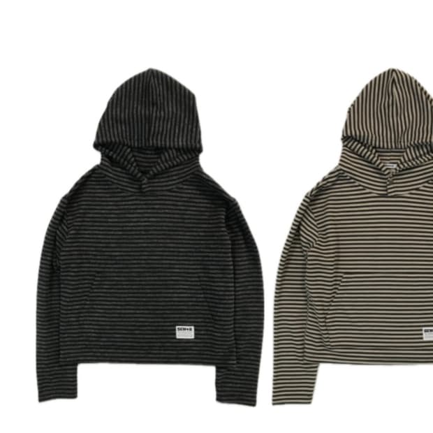 쏘비 버튼 니트 스트라이프 세미 후드티(차콜)