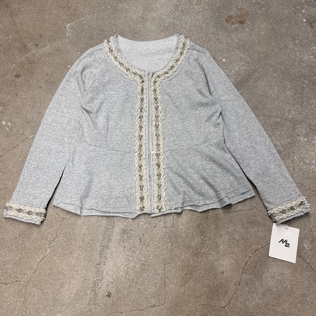 비즈 코튼 쭈리 가디건 그레이