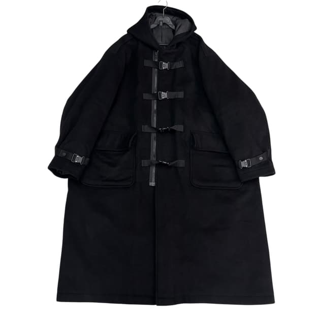 어텐션로우 블랙 오버 핏 후드 코트