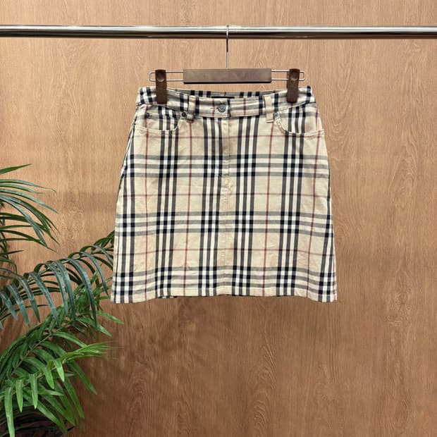 버버리 런던 코튼 미니 스커트 빈티지 노바 체크 패턴 포켓 디테일 베이지