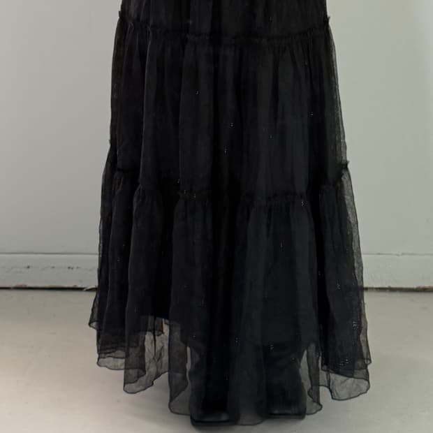 일본빈티지 블랙 티어드 튤 맥시 롱스커트