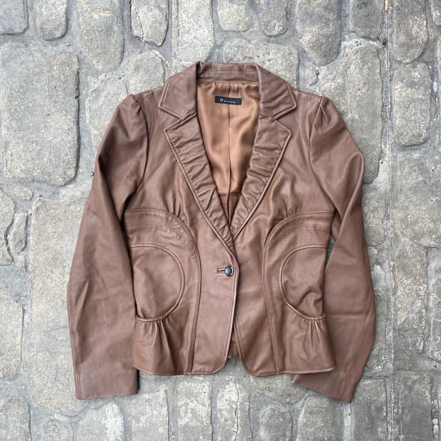 Pleated Detail Brown Leather jacket