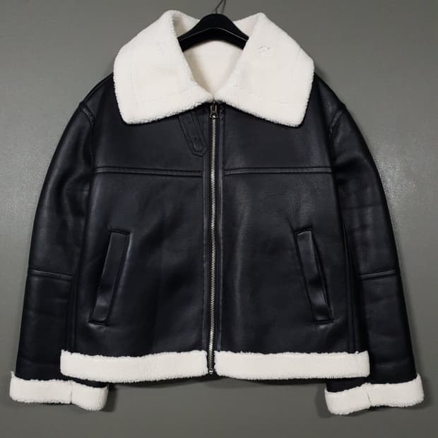 여성 M) 플라스틱아일랜드 신형 21FW 빅카라 띠배색 레자 무스탕 자켓