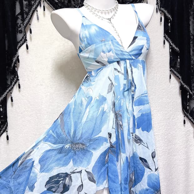 블루 오리엔탈 페어리 플라워 쉬폰 언발 미니원피스 하와이안 갸루 핀터