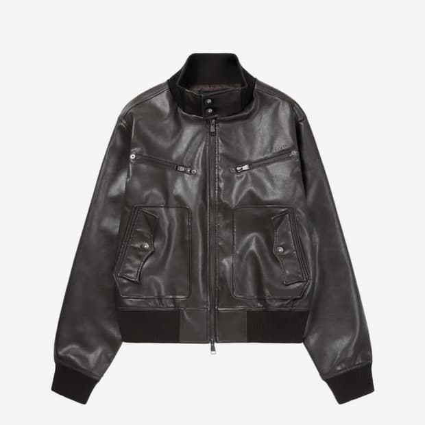 아캄 High-Neck Leather Jacket (Brown)