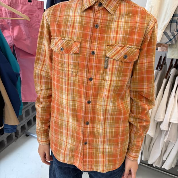 Columbia 오렌지 체크 투포켓 셔츠