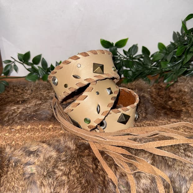 Beige brown western stud suede stitch 벨트