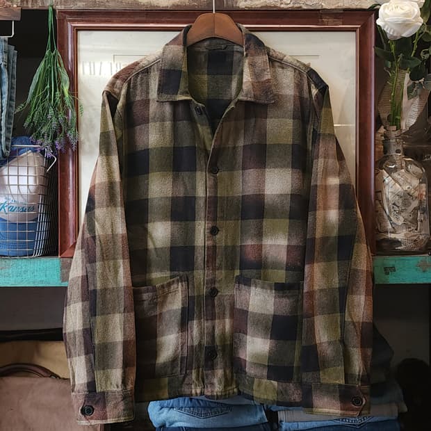 90s 빈티지 체크셔츠 헤비 플란넬 워크셔츠 썬페이딩 셔츠자켓 xxl