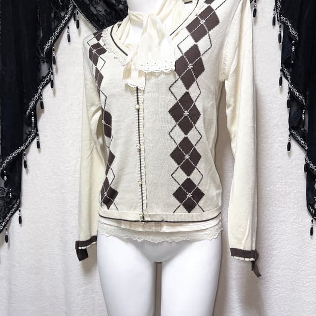 엑시즈팜 아가일 레이스 진주 리본 라떼갸루 로걀탑 니트 러블리 핀터 모리