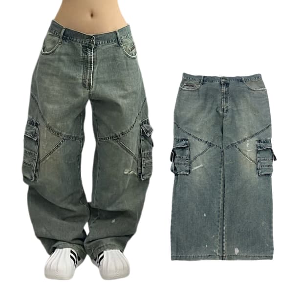 데님 Y2K 탄창 와이드 빈티지 카고팬츠
