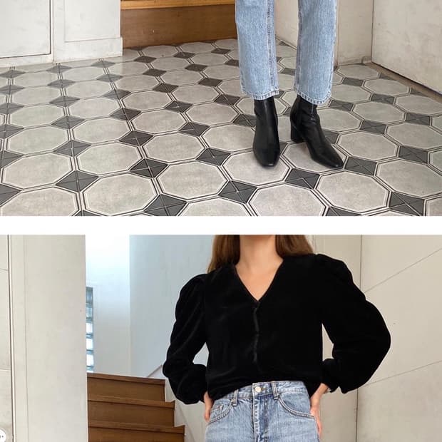 베리유 VERYYOU 브이넥 벨벳 블라우스(블랙) 새상품