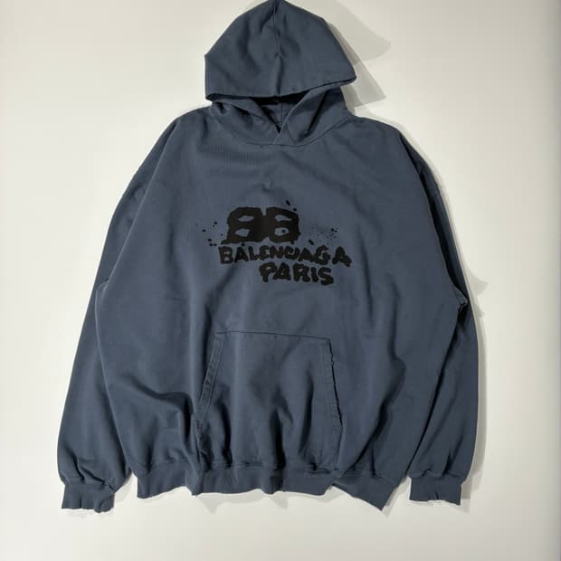 발렌시아가 핸드 드로운 BB 아이콘 라지핏 후드 블루