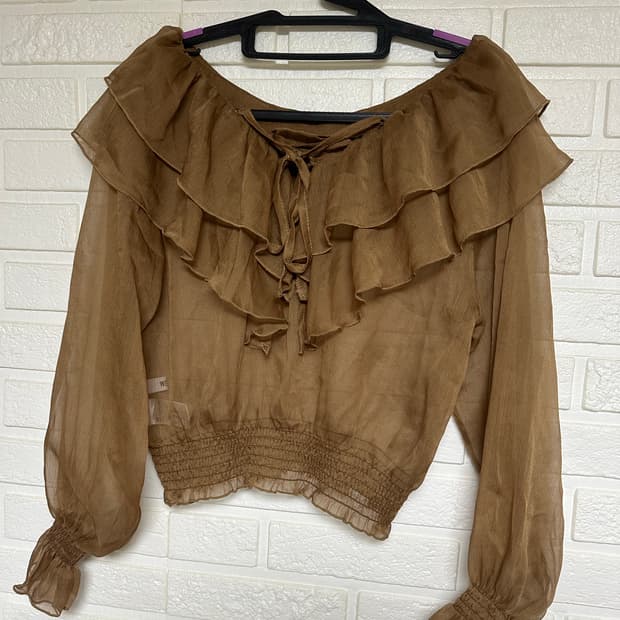 프릴 시스루 블라우스 브라운