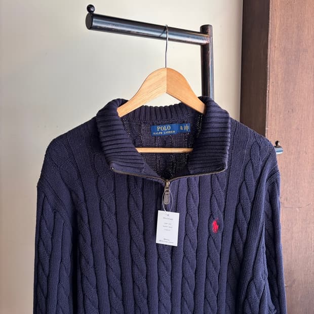 16602 - 폴로 랄프로렌 네이비 케이블 반집업 니트