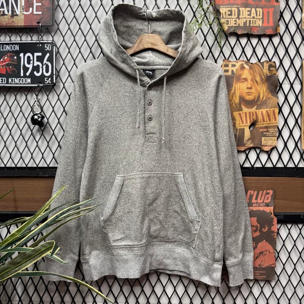 스투시 재팬 멜란지 헨리넥 후드 전면 3버튼 포인트 그레이