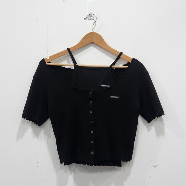 [F] 맥파니로빈 반팔 가디건 민소매 세트 블랙 얇은 골지 니트