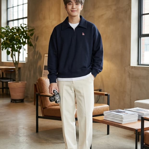 HIS HAZZYS 히스 헤지스 네이비 카라 반집업 맨투맨