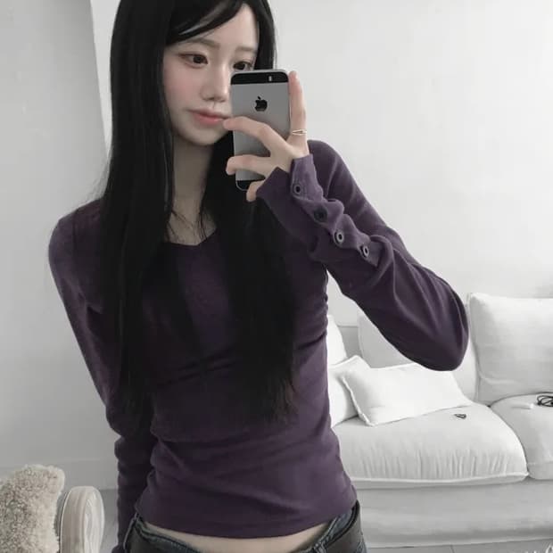 에이블리 지그재그 커딘 슬림핏 옆셔링 소매 버튼 긴팔티 퍼플