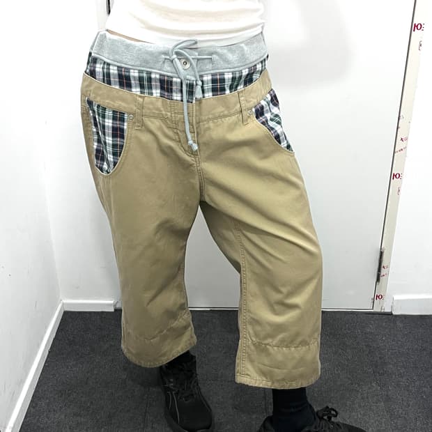 체크 레이어드 7부 카프리 팬츠