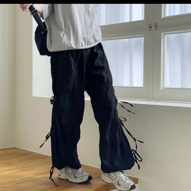 더블콩 사이드 리본 묶음 스트링 나일론 팬츠