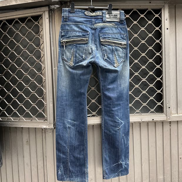 Leather detail zipper denim pants 