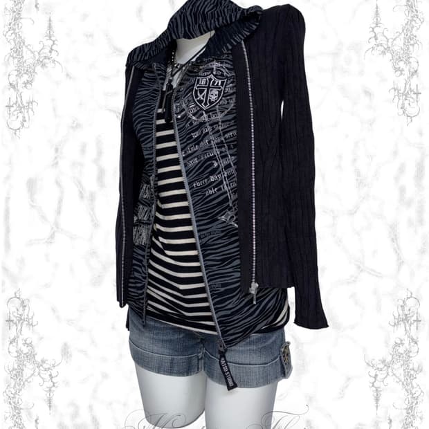 00s 갸루펑크 지브라 해골 & 십자가 글리터 4pcs 코디세트