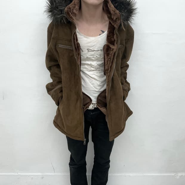 Brown khaki suede fur jacket