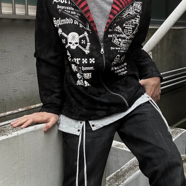 2000s jpn 펑크 체크 레이어드 스컬 프린팅 후드집업