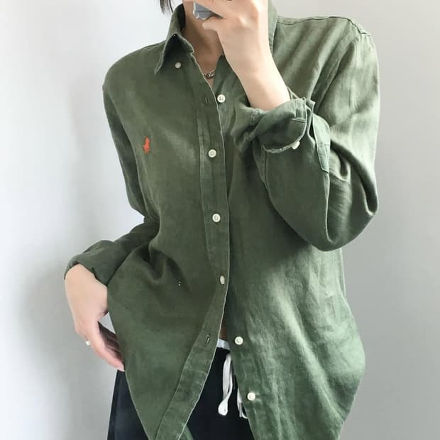 Polo 폴로 랄프로렌 QR라벨 카키컬러 린넨 셔츠