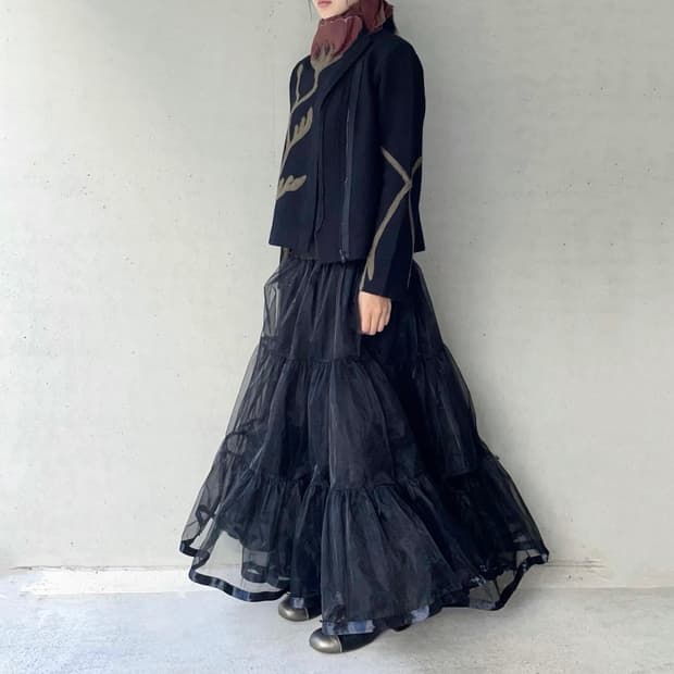 Black organza tiered long skirt