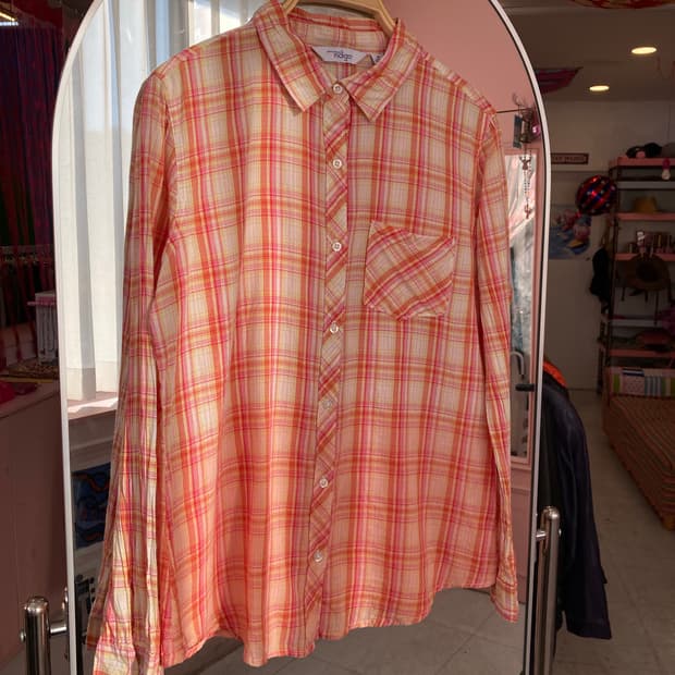 빈티지 오렌지핑크 코튼 100 체크 셔츠