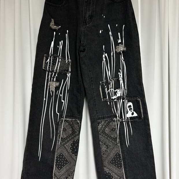 와이드 페인팅 데님 팬츠 (L)