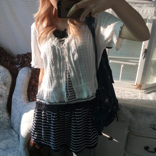 Set) 화이트 레이스 가디건 + 스트라이프 나시