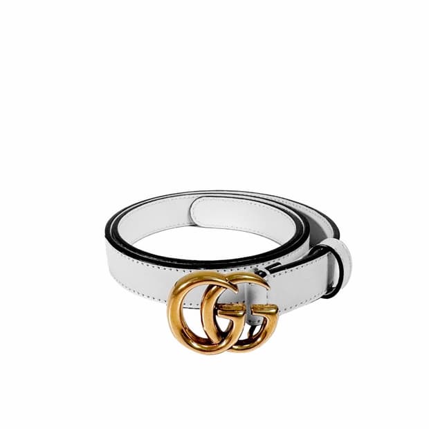 [65/26] 구찌 여성 마몬트 더블 GG 로고 버클 씬벨트 화이트 골드