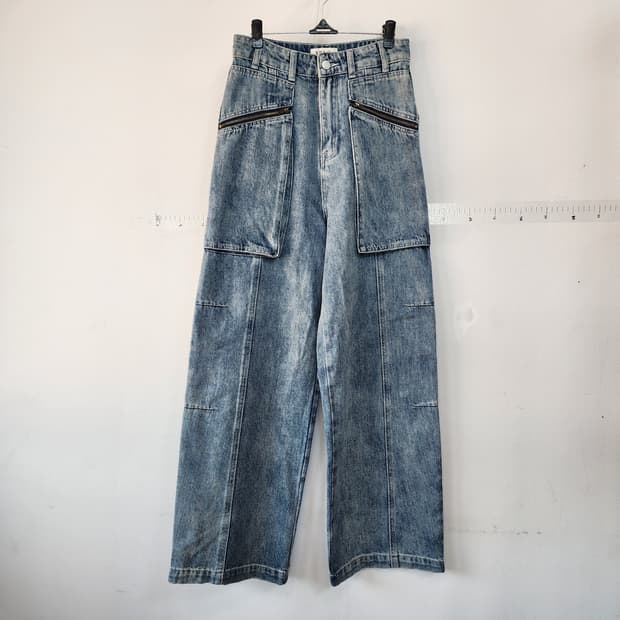 MENG 워싱 데님 카고 와이드 팬츠