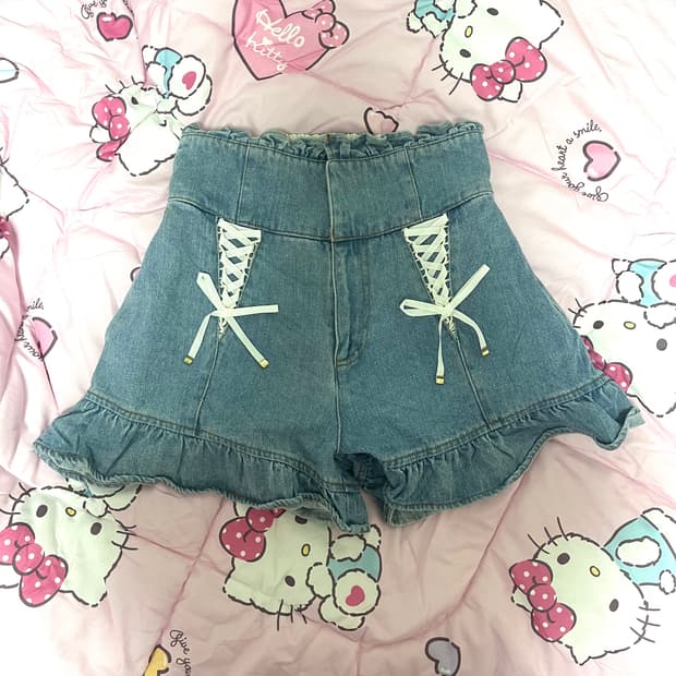 리즈리사 히메갸루 히메카지 리본아일릿프릴데님반바지숏팬츠큐롯희귀매물핀터키치