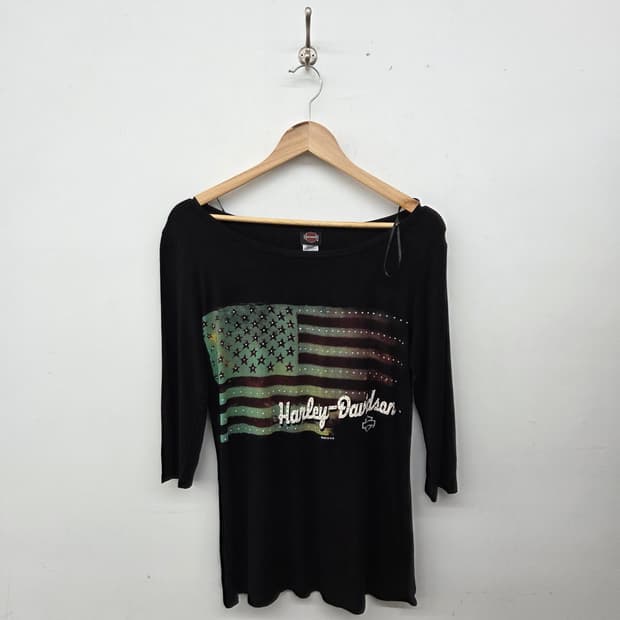 할리데이비슨 미국 국기 프린팅 블랙 티셔츠 여m