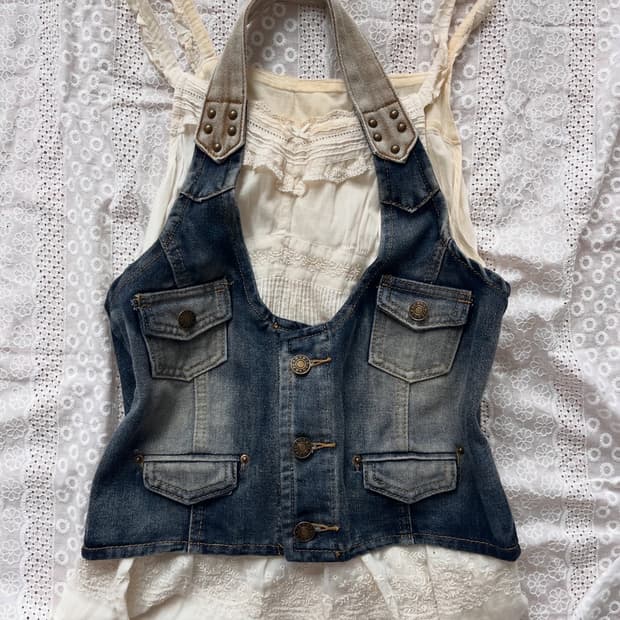 Denim vest + Cream sleeveless