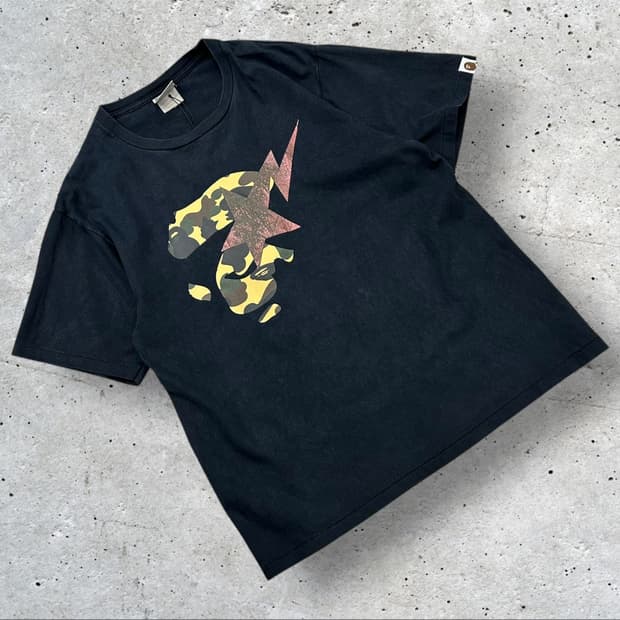 [L] 베이프 스타 페이스 카모 반팔 티셔츠 블랙