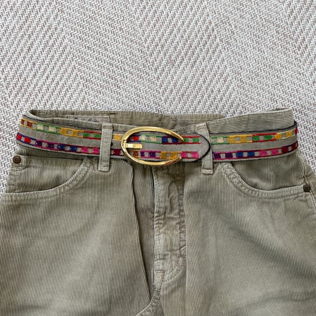 빈티지 에스닉 자수 골드버클 벨트 