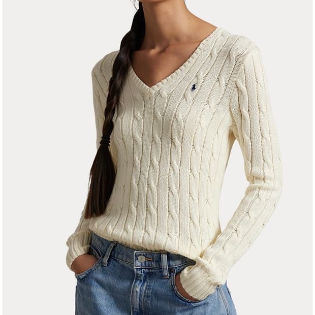 정품 백화점판 폴로 랄프로렌 케이블 니트 브이넥 아이보리 S (새상품)