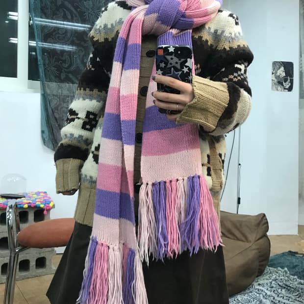 빈티지 스트라이프 퍼플핑크 목도리 머플러 