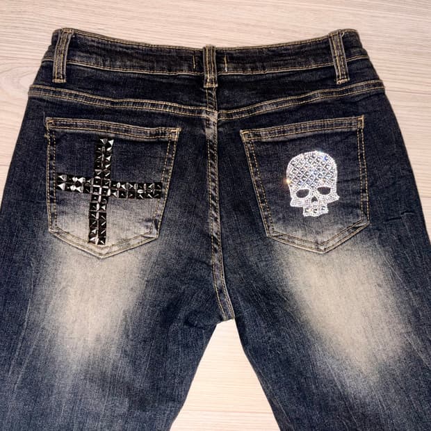 커스텀 펑크 y2k 갸루 스터드 로우라이즈 청바지